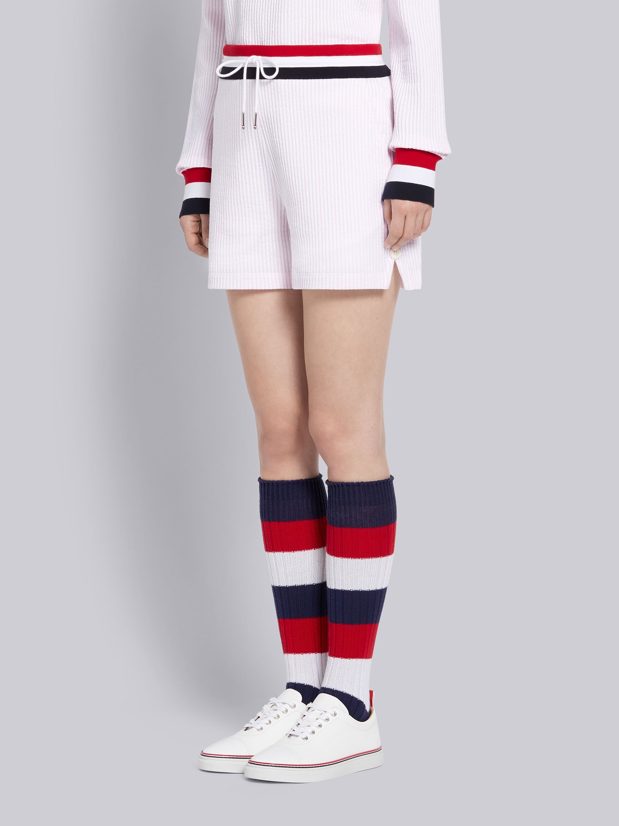 Thom Browne Tricolour-waistband Seersucker Shorts In White