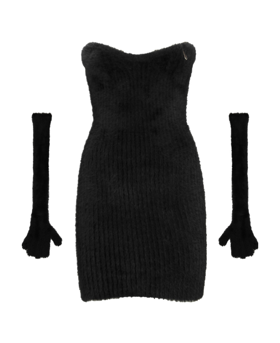 Off-white Fuzzy Gloves Strapless Minidress In Black