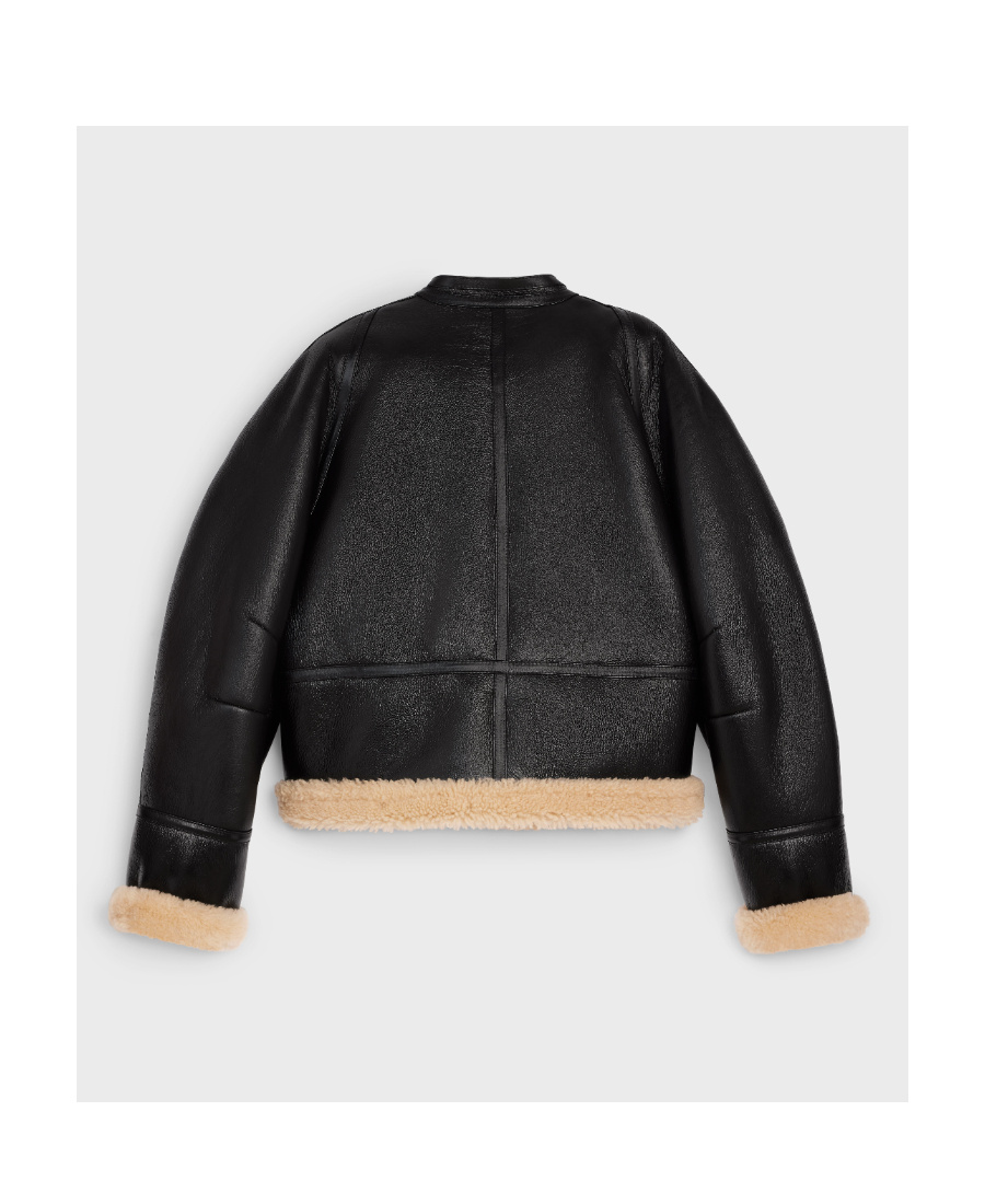 Celine Double-breasted Shearling Bomber Jacket In Black