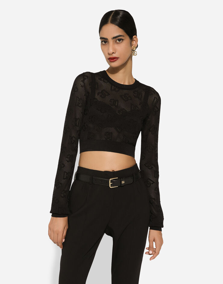 Dolce & Gabbana Monogram Open-knit Crop Top In Black