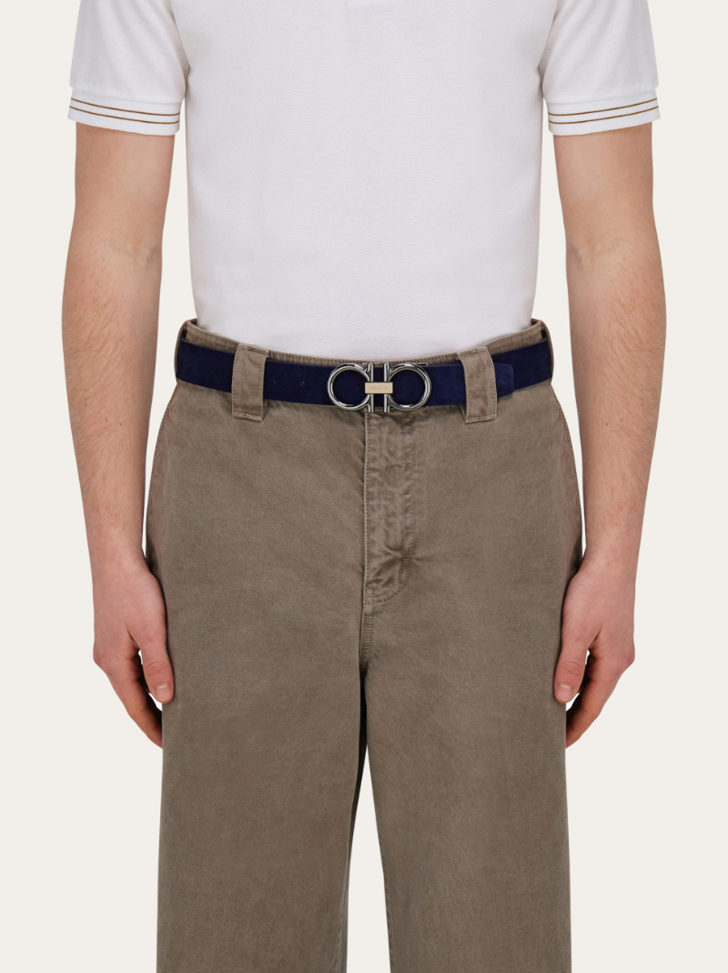 Ferragamo Gancini Suede Buckle Belt In Blue