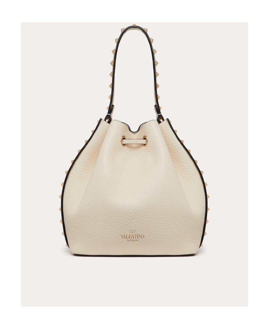 Shop Valentino Rockstud Grainy Calfskin Bucket Bag In Nude