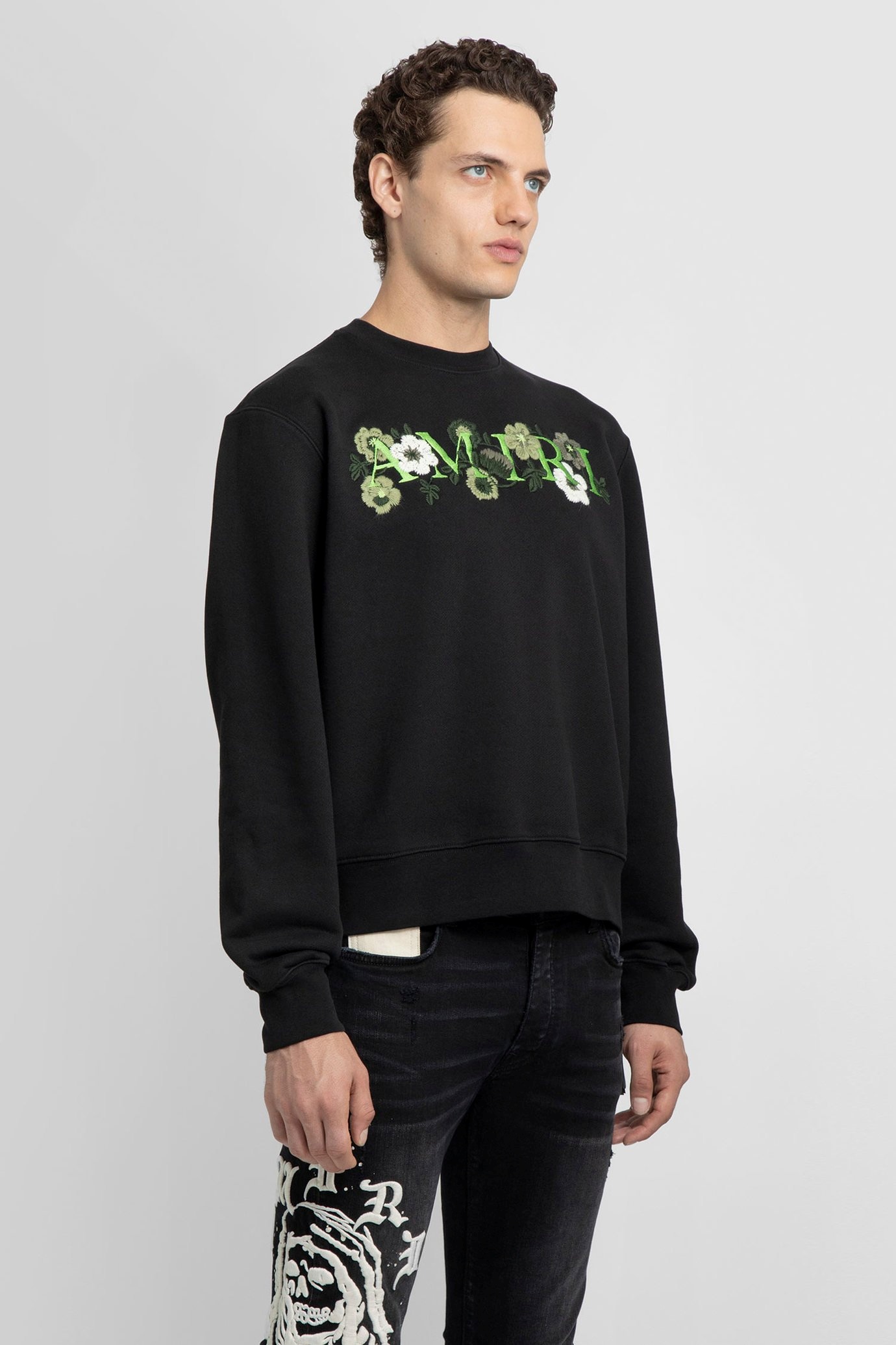 Amiri Floral Embroidery Crew Neck Sweatshirt In Black
