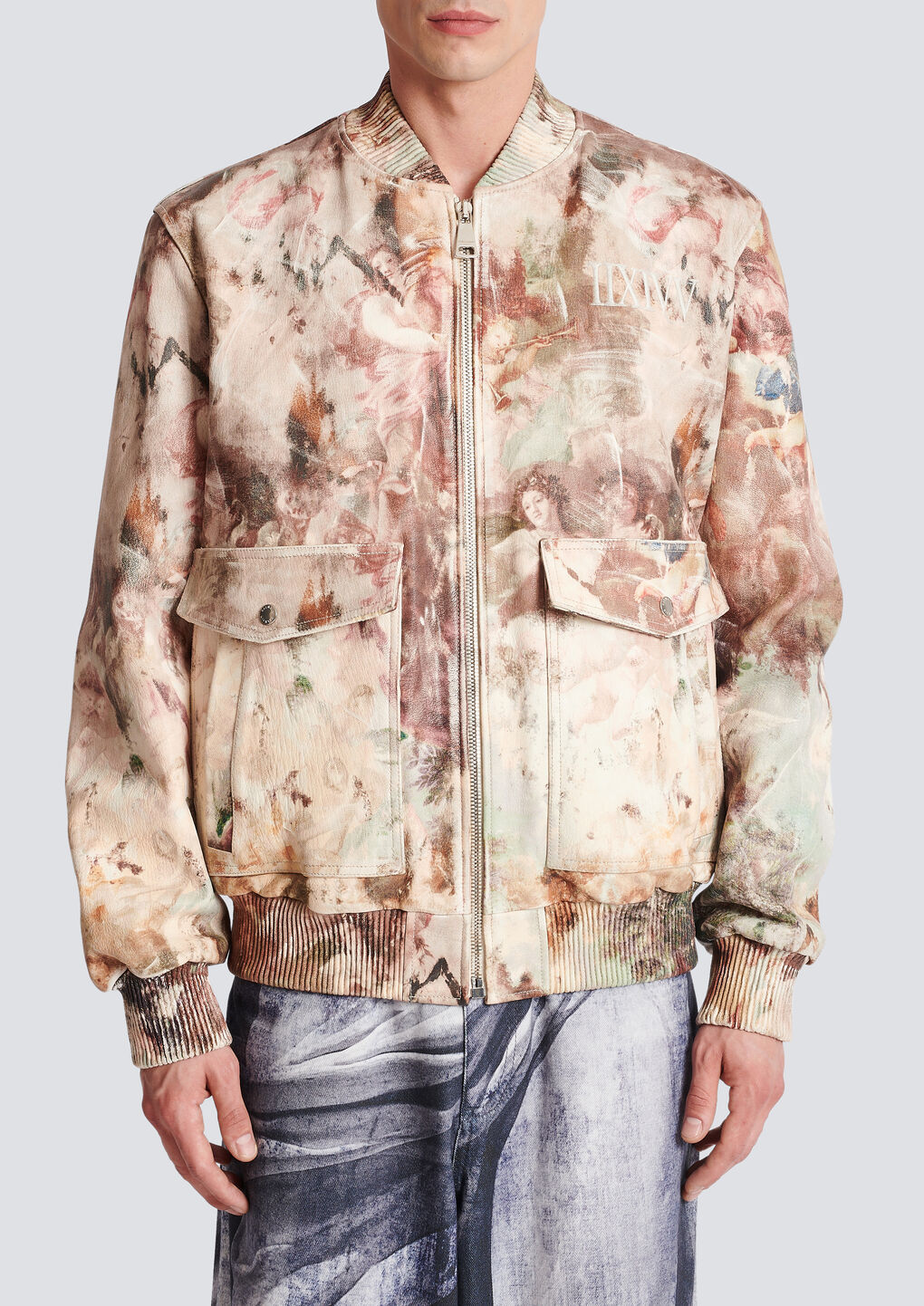 Balmain Painting-print Leather Bomber Jacket In Nude