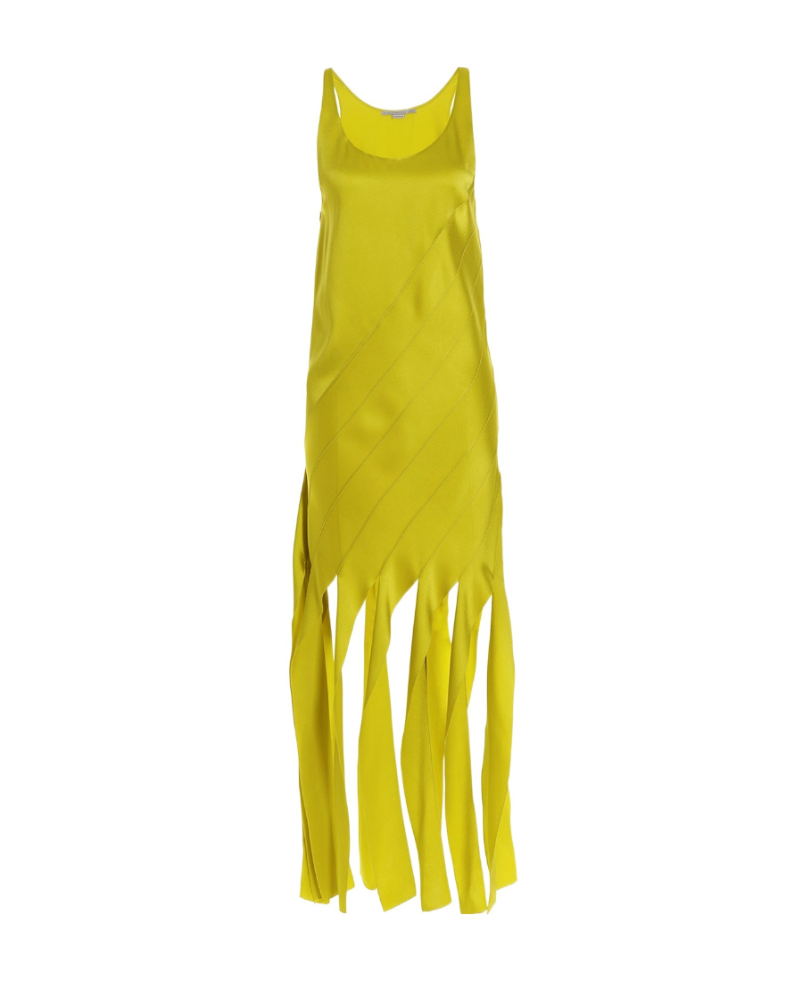 Stella Mccartney Viscose Satin Dress With Applied Fringes In Yellow