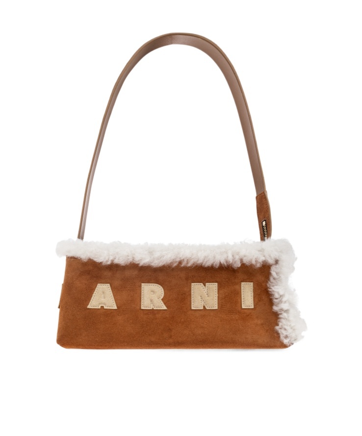 Marni Shearling Baguette Museum Bag In Brown