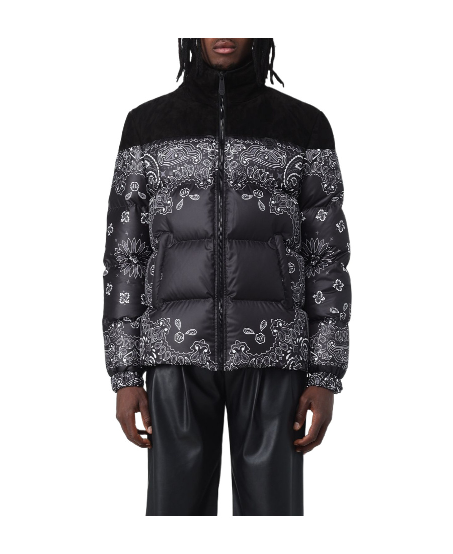 Philipp Plein Nylon And Suede Down Jacket Paisley Bandana In Black