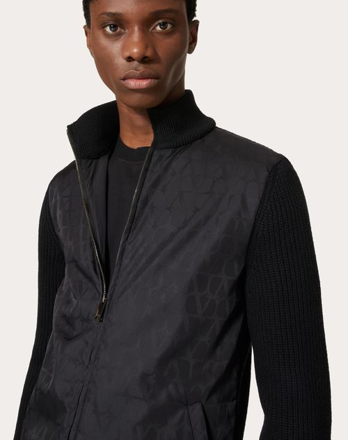 Valentino Wool Knit Jacket With Toile Iconographe Nylon Jacquard Front Panel In Black