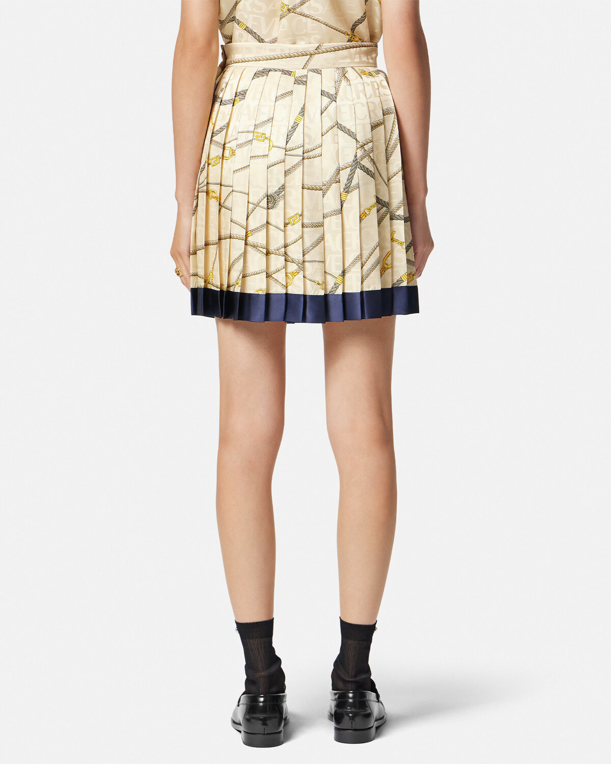 Versace Multicolor Pleated Mini Skirt With All-over Logo Print In Nude