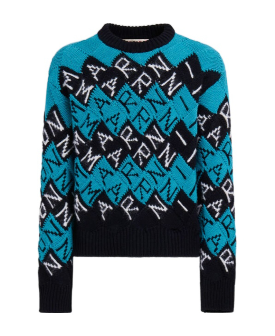 Marni Intarsia Logo Virgin Wool Sweater In Black