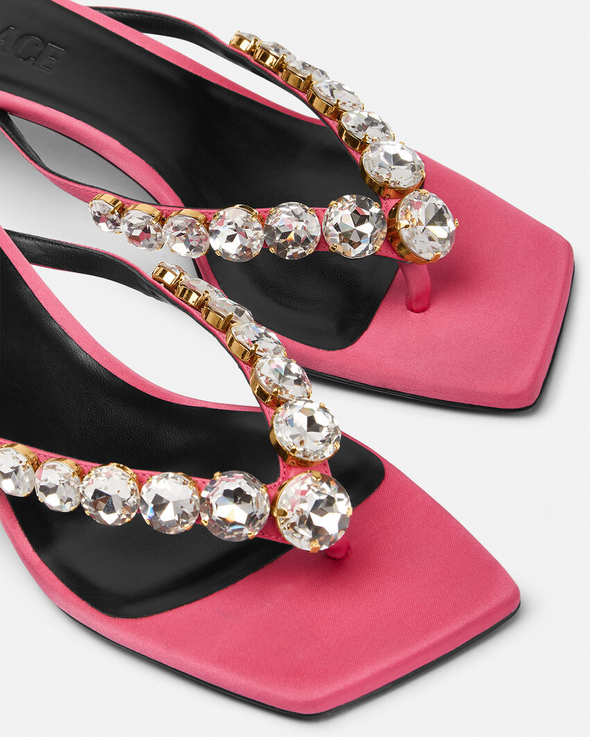 Versace T-belt Crystal High-heeled Sandals In Pink