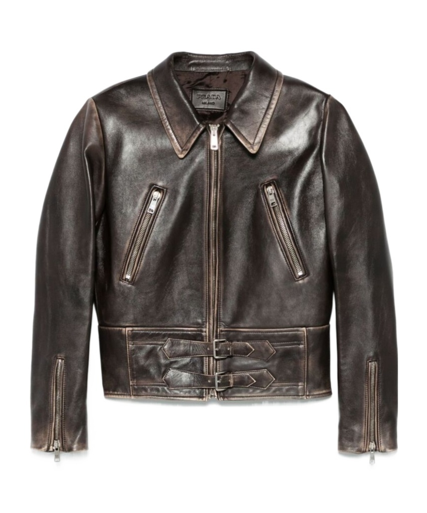 Prada Long-sleeved Leather Jacket In Brown