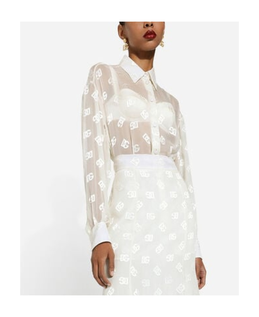 Dolce & Gabbana Devoré Satin Pussy-bow Shirt With All-over Dg Logo In White