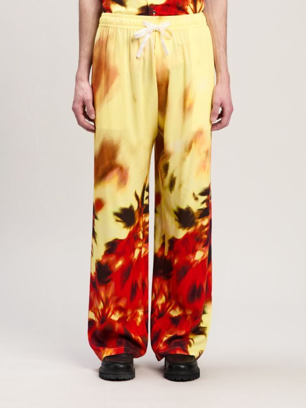 Palm Angels Flame Palm Print Wide-leg Pants In Yellow