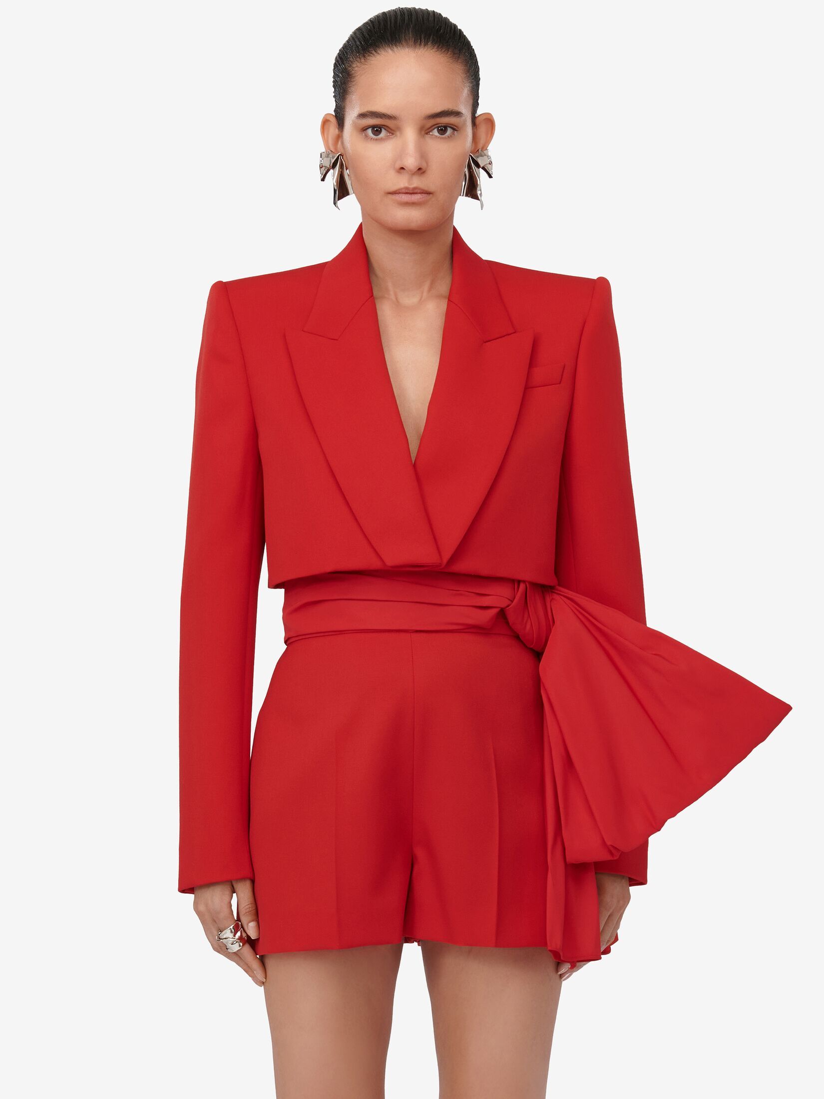 Alexander Mcqueen Bow Knot Wool Shorts In Red