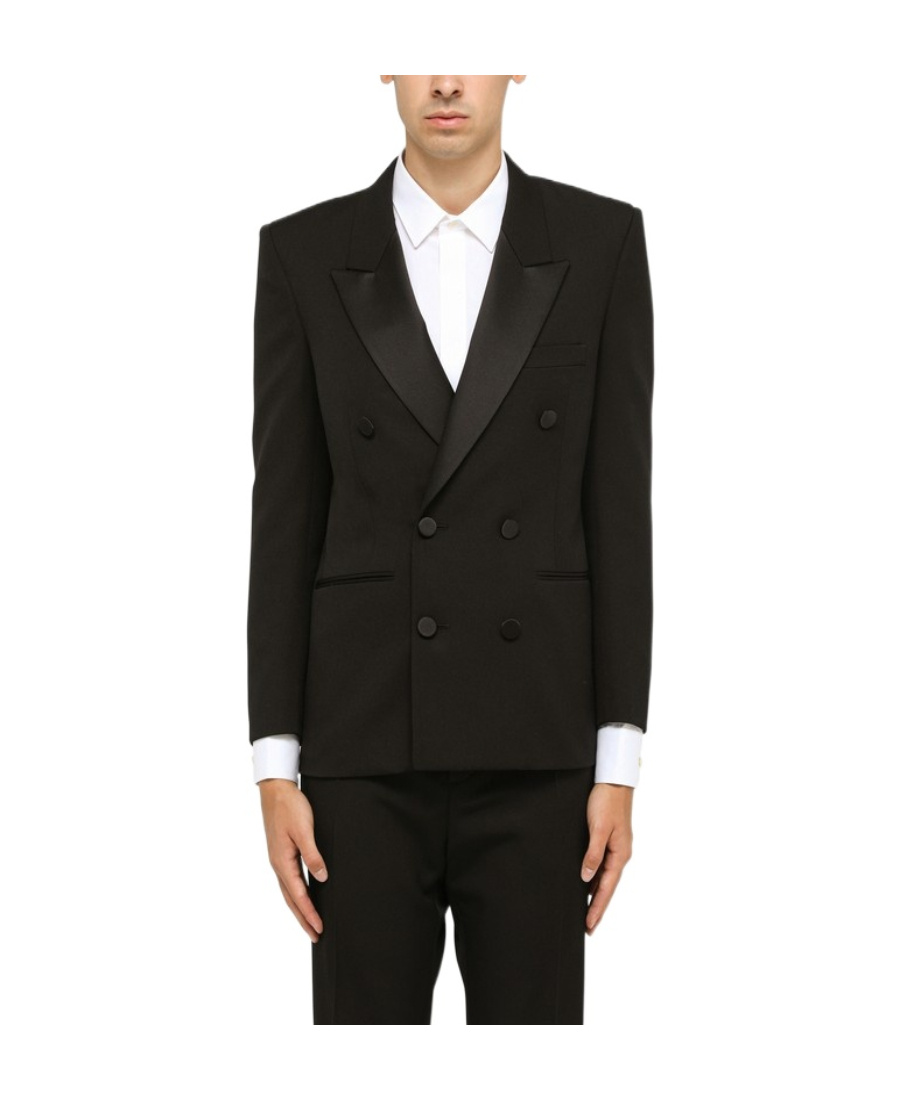 Saint Laurent Double-breasted Satin-trimmed Wool Blazer In Black