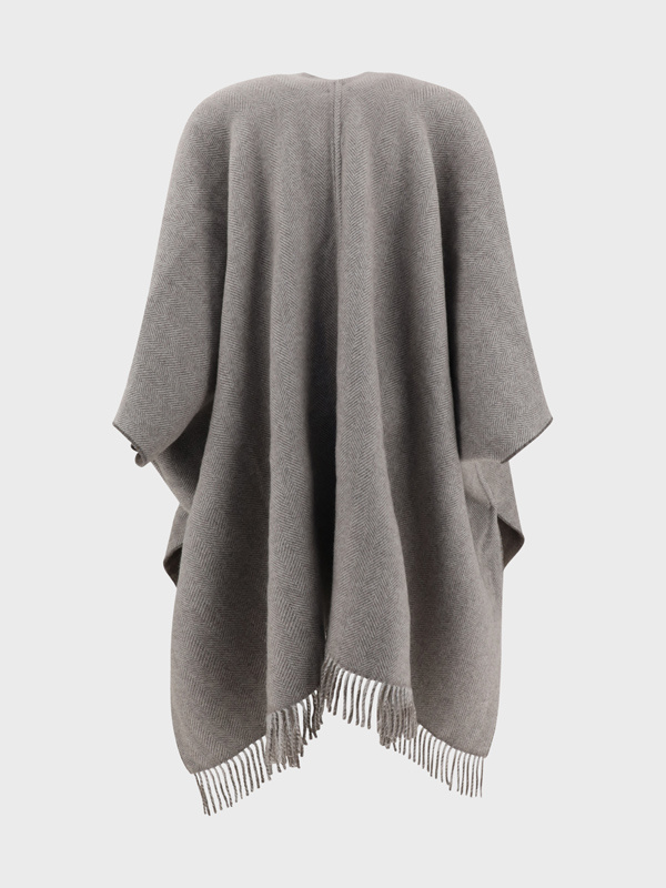 Brunello Cucinelli Herringbone-pattern Fringed Poncho In Gray
