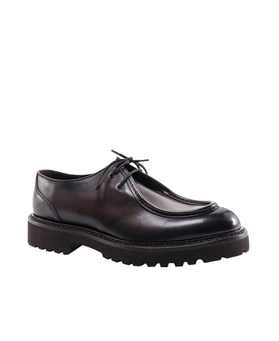 Doucal's Dark Brown Calfskin Derby Shoes With Decorative Seams In Black