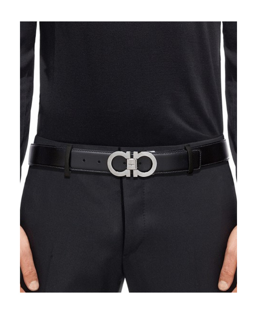 Ferragamo Black And Brown Reversible Belt With Gancini Detail In Smooth Leather Man In Black
