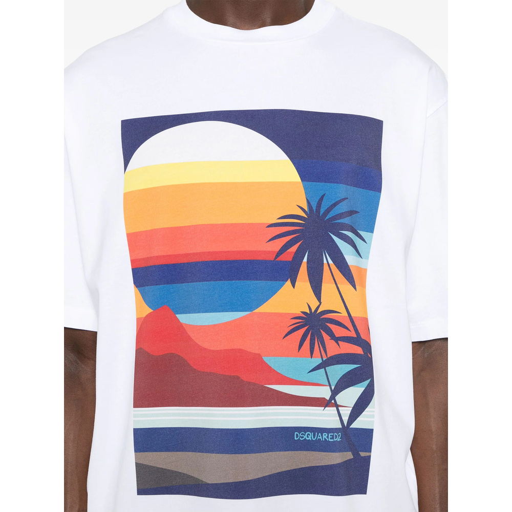 Dsquared2 Summer Lovers Cotton T-shirt With Multicolor Print In White