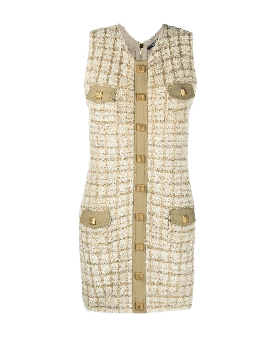 Balmain Textured Tweed Short Dress With Front Pockets In Neutral