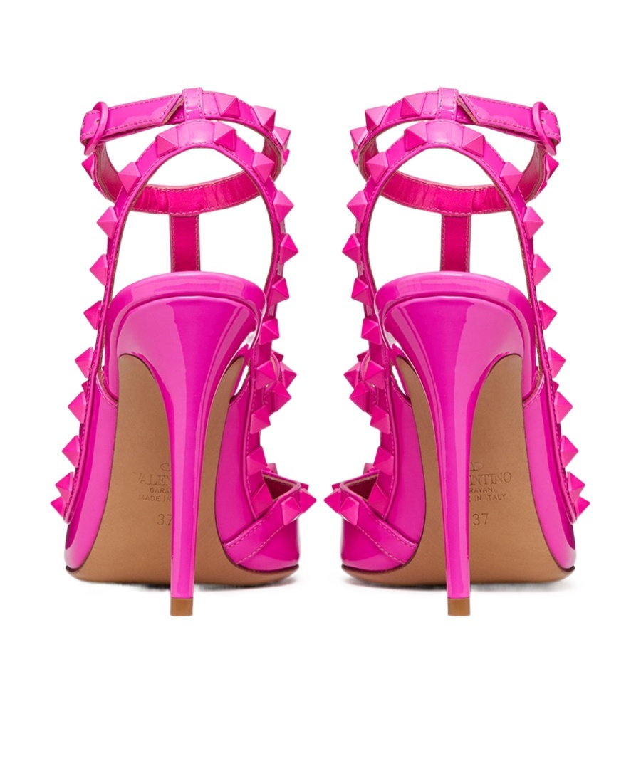 VALENTINO GARAVANI ROCKSTUD ANKLE STRAP PATENT-LEATHER PUMP WITH TONAL STUDS 100 MM 