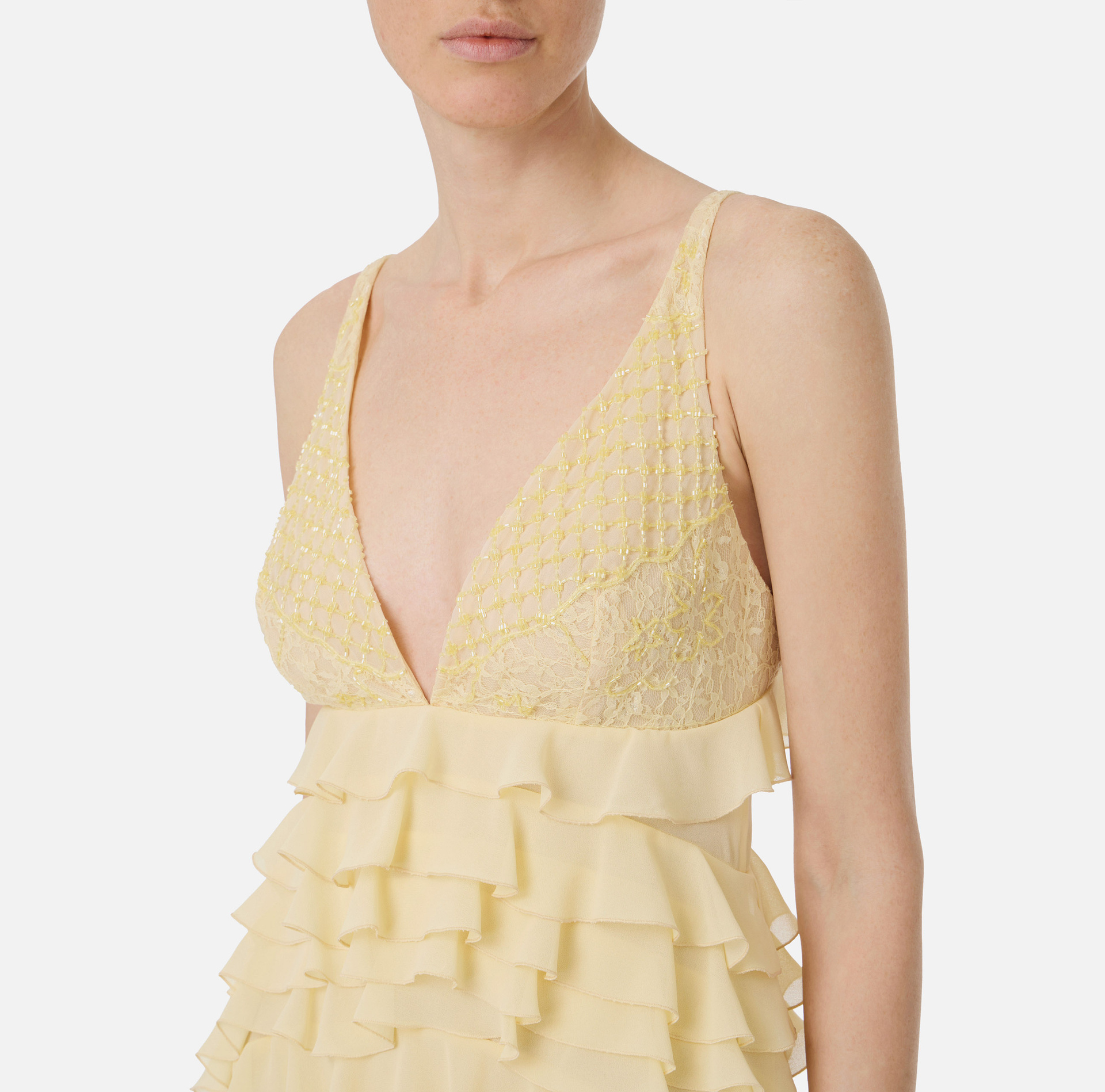 Elisabetta Franchi Lace And Ruffles Long Sleeve Dress In Nude