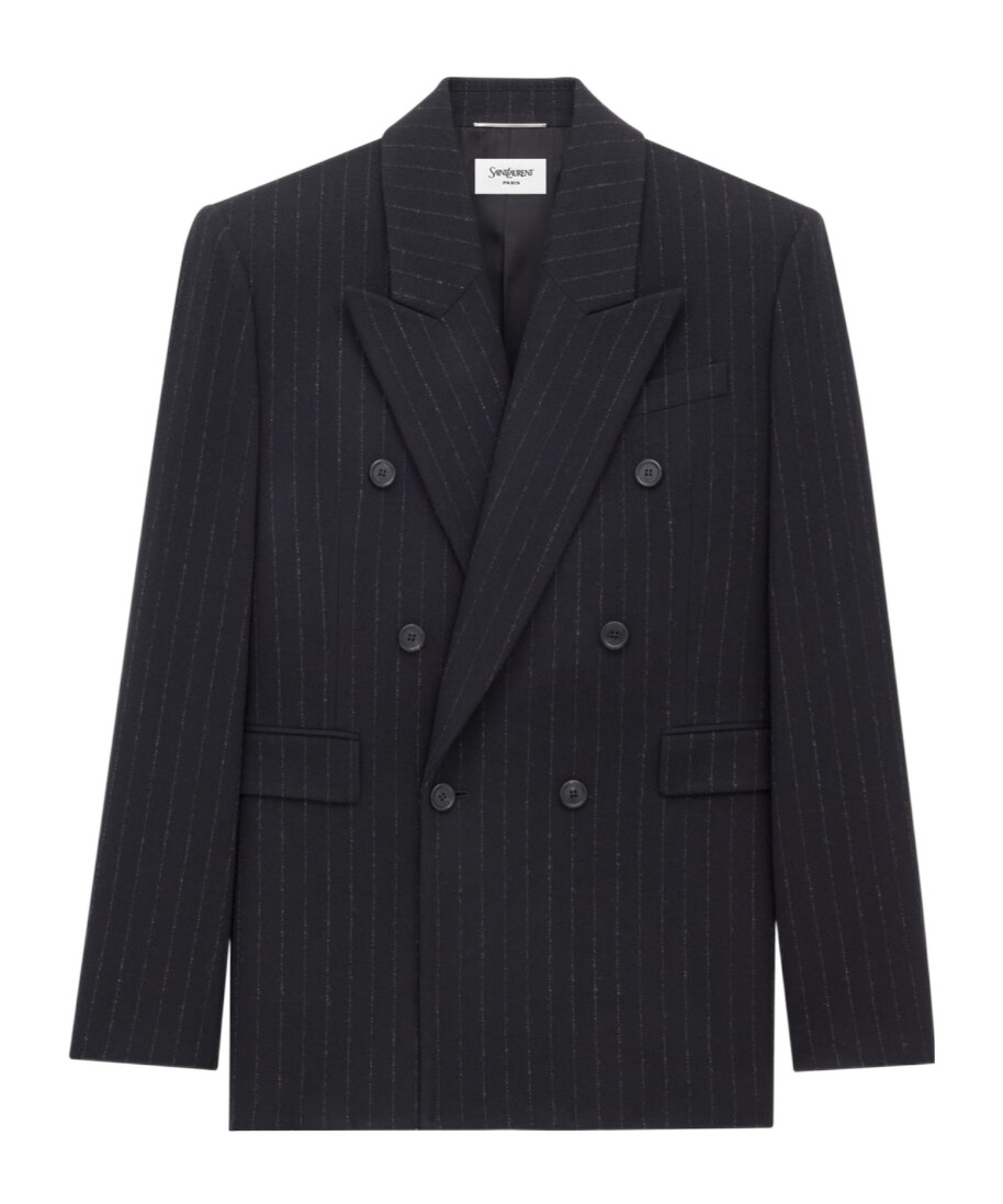 Saint Laurent Pinstripe Jacket In Brushed Wool And Cashmere Flannel In Black