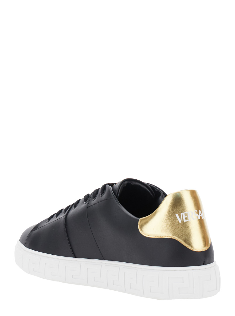 Versace Black Low Top Sneakers With Contrasting Heel With Logo Lettering And Medusa Plaque In Tech Fabric Ma In Black