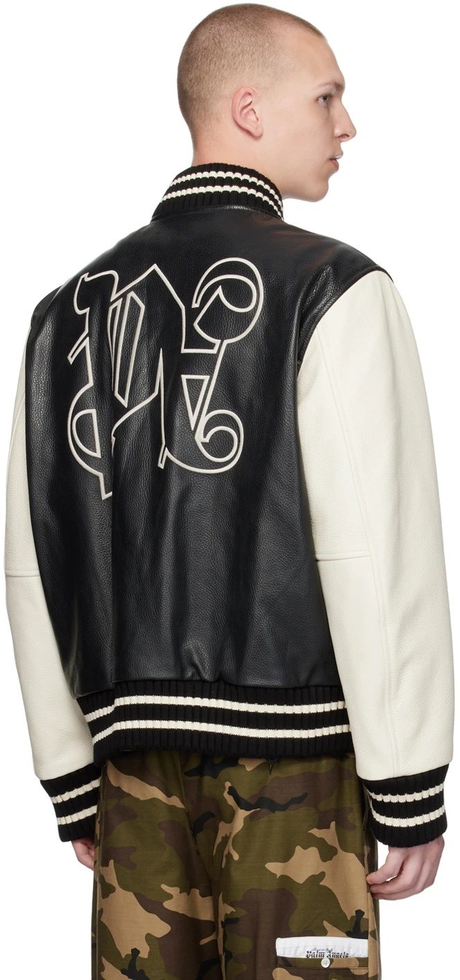 Palm Angels Monogram-print Leather Varsity Jacket In Black