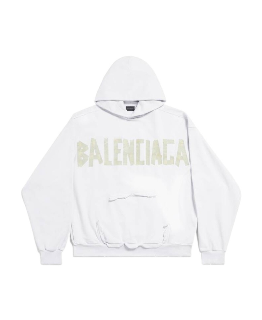 Balenciaga Men's Tape Type Cotton Hoodie In White