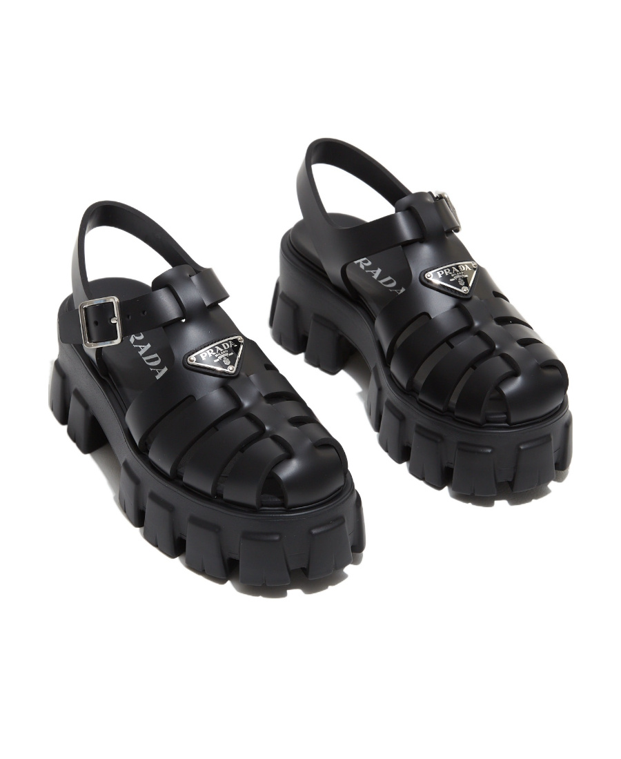 Shop Prada Monolith Foam Rubber Logo Platform Sandals In Black