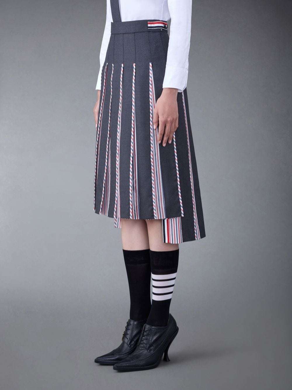 Thom Browne Rwb-print Pleated Midi Skirt In Black