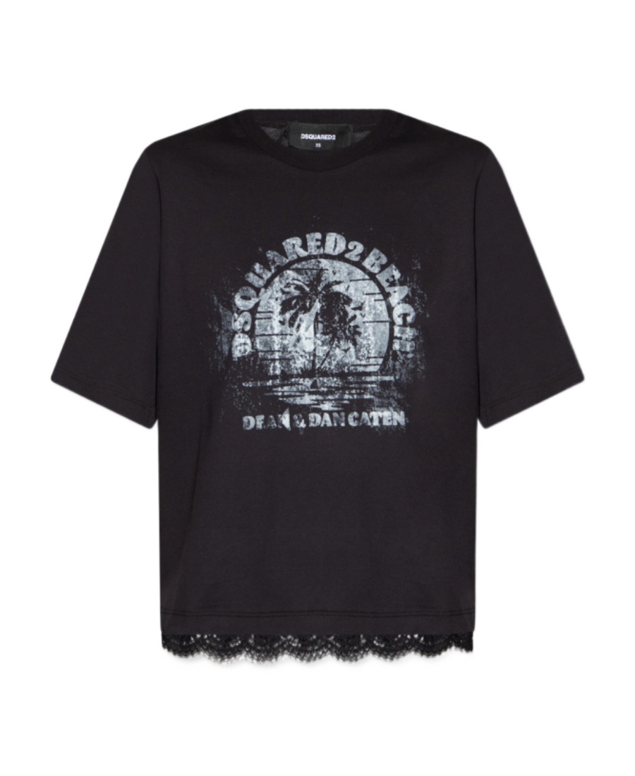 Dsquared2 Printed Cotton T-shirt With Lace In Black