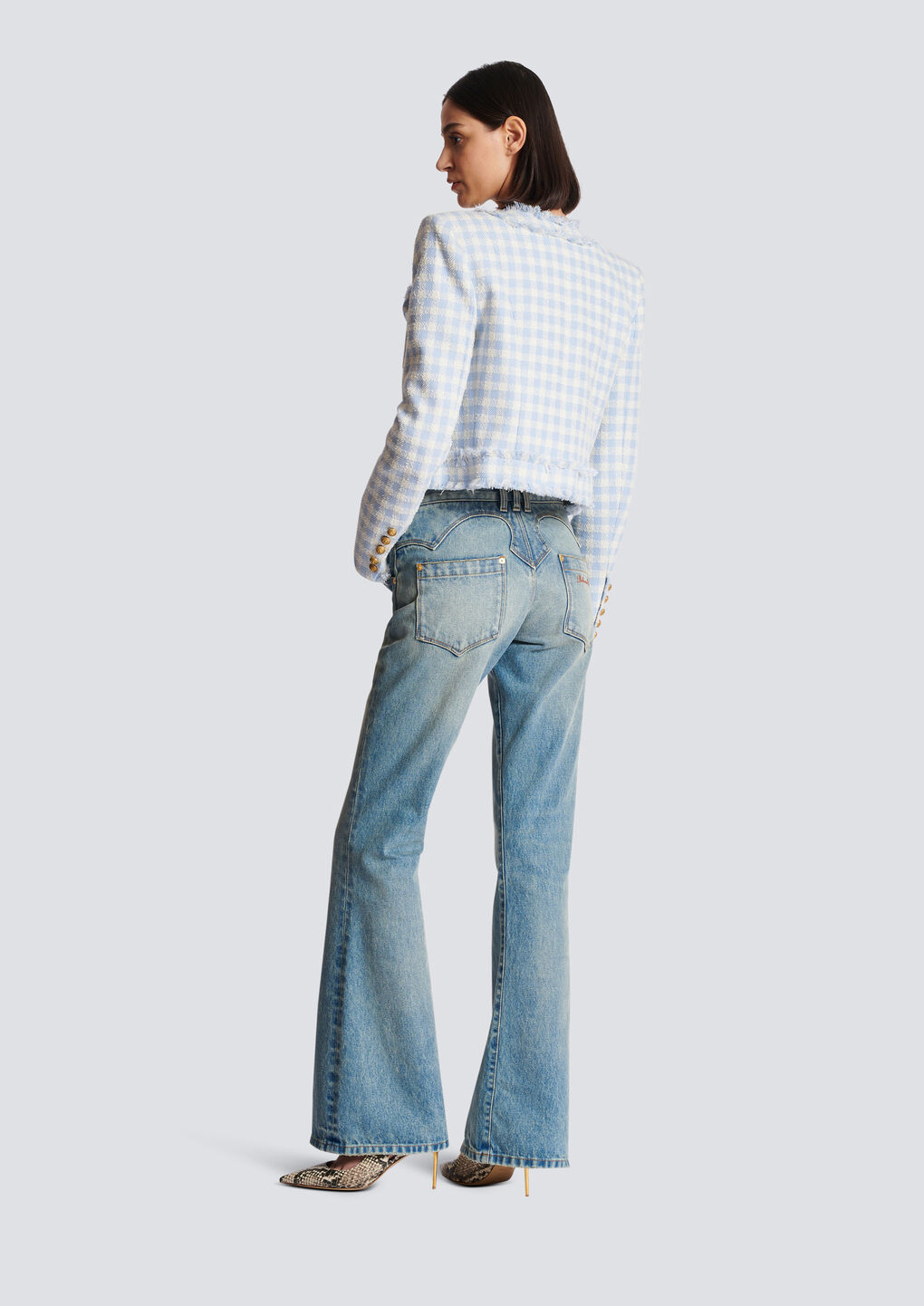 Balmain Blue Plaid Cropped Tweed Jacket In White