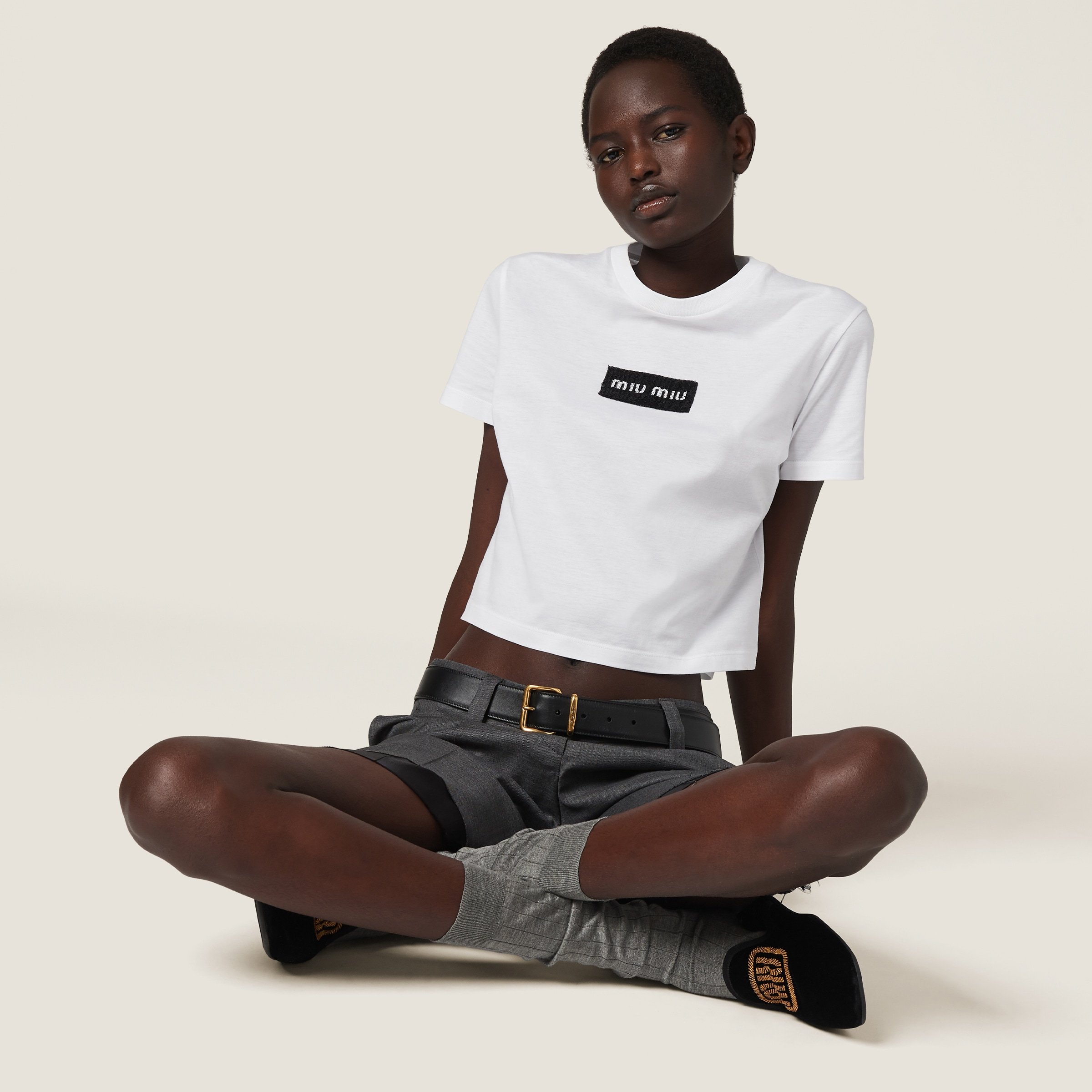 Miu Miu Sequin-logo Cotton T-shirt In White