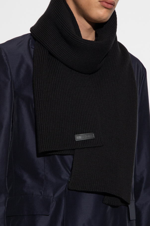Versace Logo-patch Wool Scarf In Black