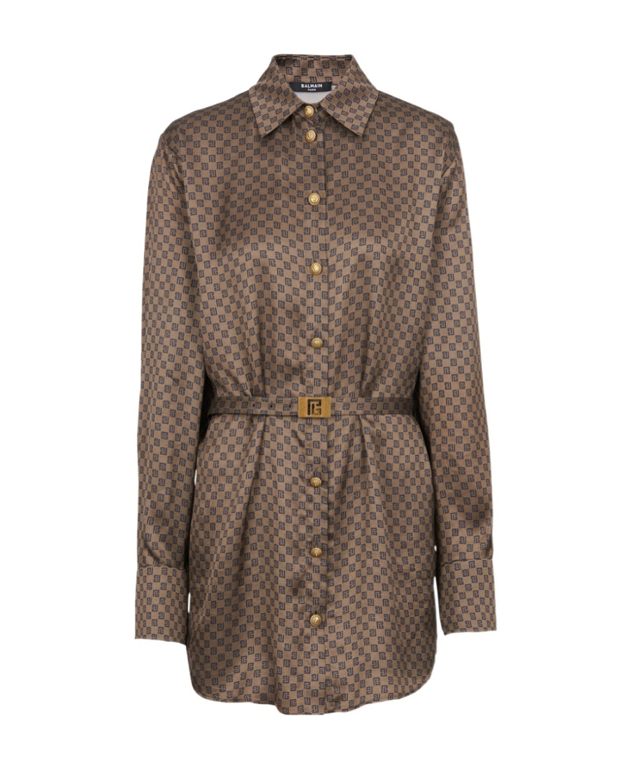 Balmain Silk Shirt With A Mini Monogram Print In Brown