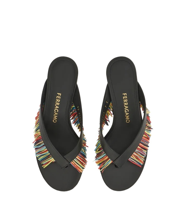 Ferragamo Fringed Thong Sandal In Black
