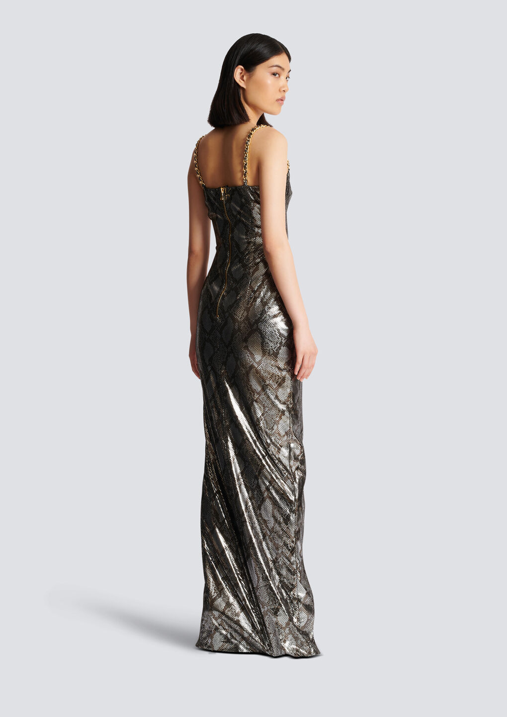 Balmain Shiny Python Gown With Chain Detail In Gray
