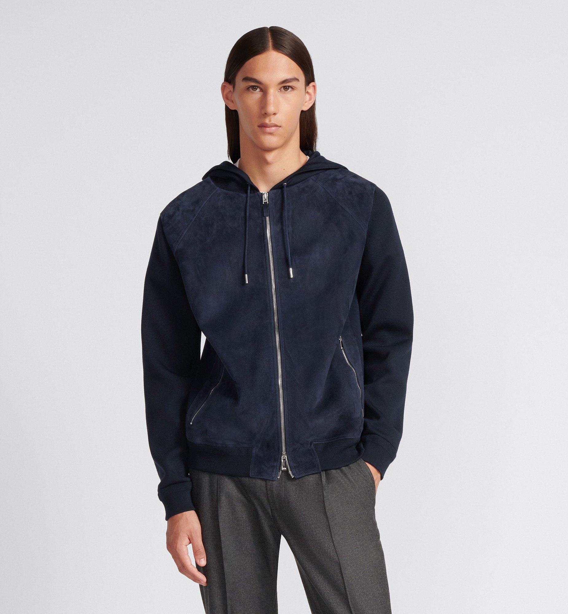Dior Icons Zipper Hooded Wool Sweater In Blue