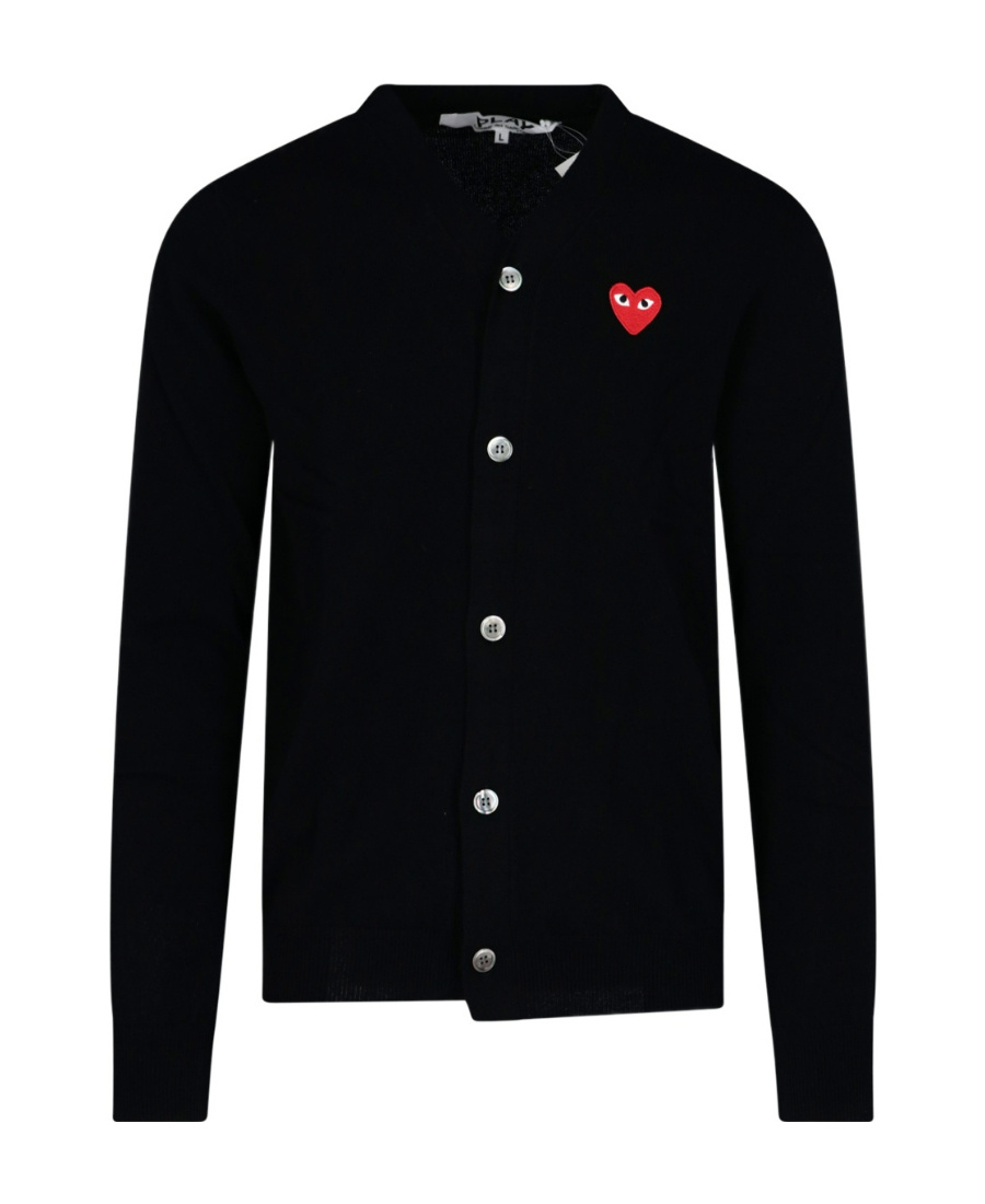 Comme Des Garçons Play Midnight Wool Cardigan With Ribbed Hem In Black