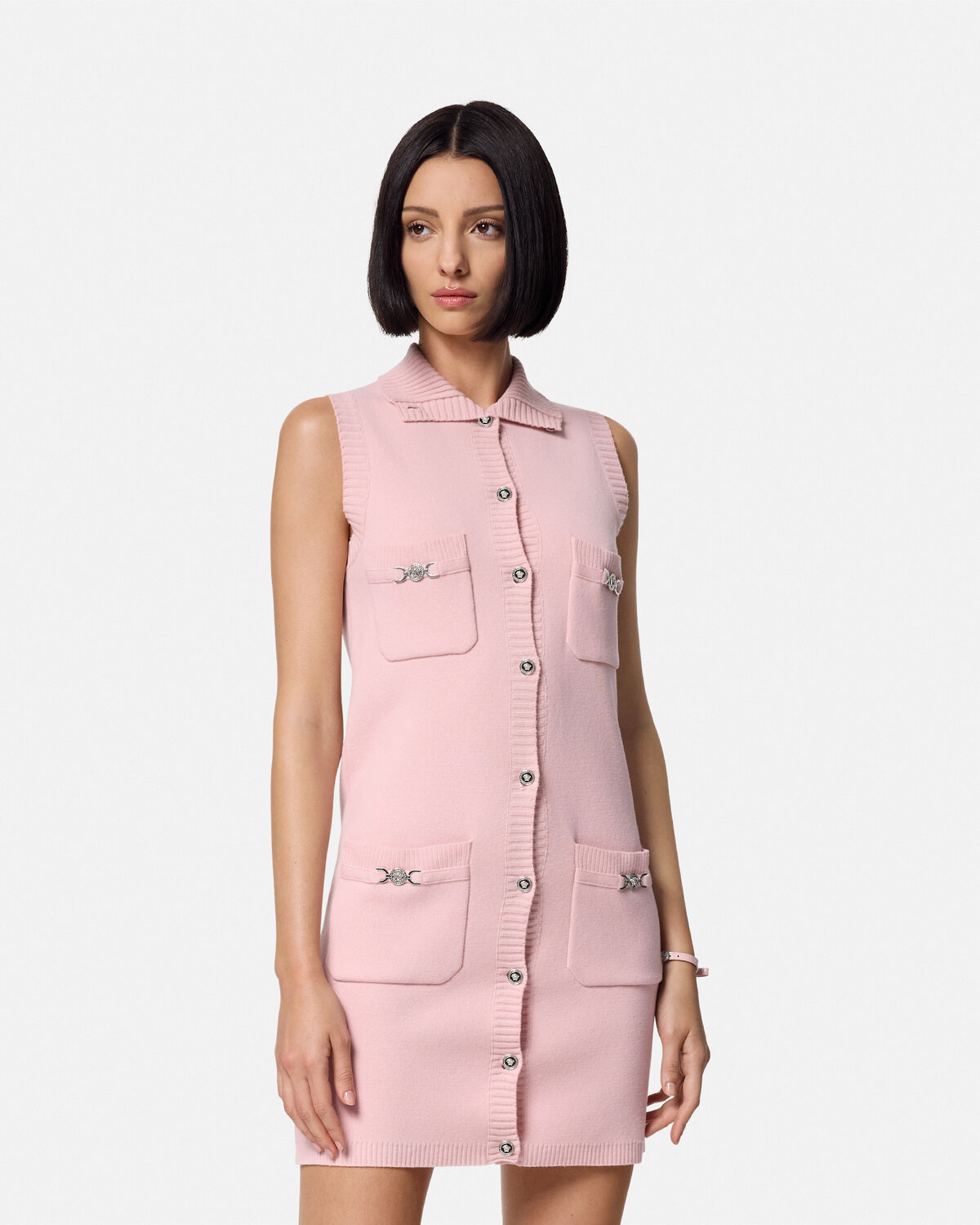 Versace Cashmere-blend Shift Knit Mini Dress In Pink