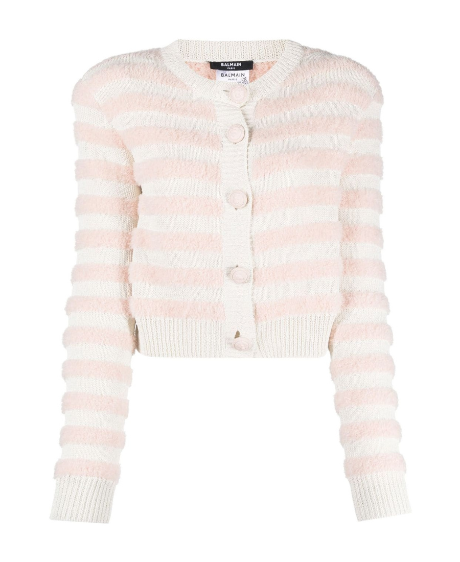 Balmain Padded-shoulders Striped Cardigan In White
