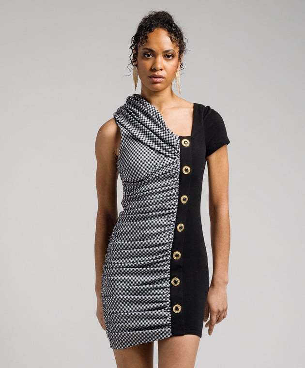Balmain Short Sleeve Vichy Draped Jersey Dress In Black