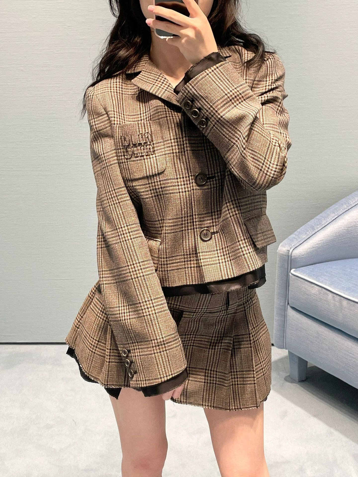 Miu Miu Prince Of Wales Checked Miniskirt In Brown