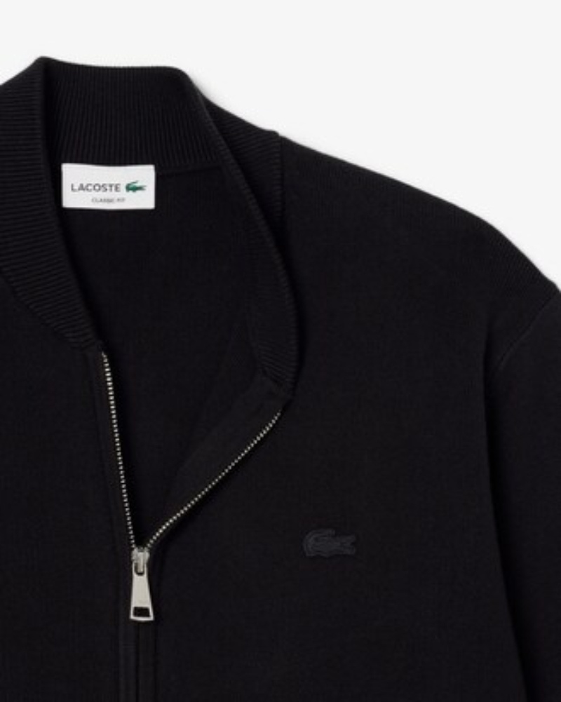 Lacoste Cotton And Wool Knit Bomber Jacket In Black