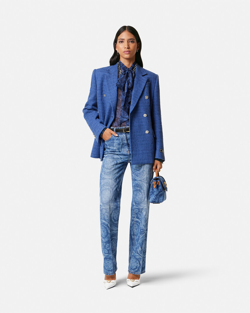 Shop Versace Metallic-threading Double-breasted Blazer In Blue