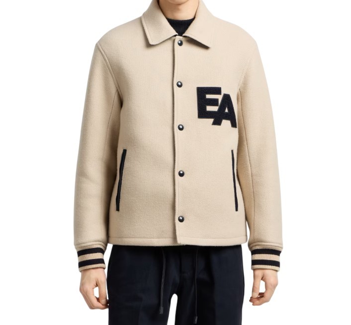 Emporio Armani Blouson With Press Studs In Wool Cloth With An Oversized Ea Patch In White