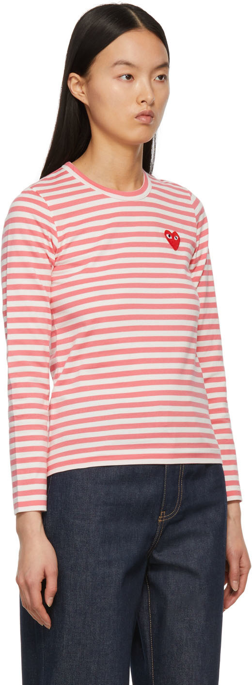 Shop Comme Des Garçons Play Logo Striped Long-sleeved T-shirt In Pink
